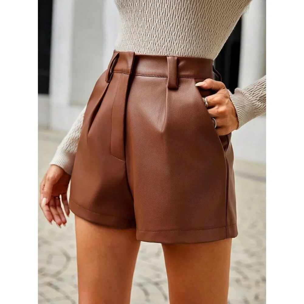 Women's Brown Pu Leather High Waisted Pleated Wide Leg Dressy Shorts